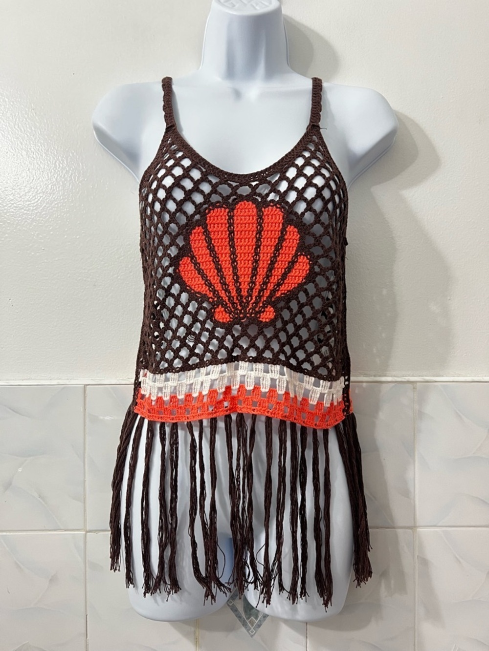 Womens Crochet Fishnet Fringe Tank Swim Cover Up S Festival Boho Coastal Mermaid